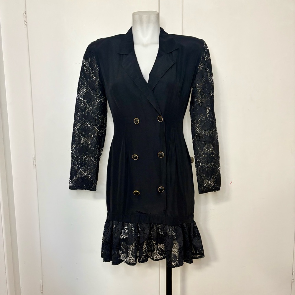 Vintage 80s Black Double Breasted Blazer Style Mini Dress with Lace Trim Sleeves
